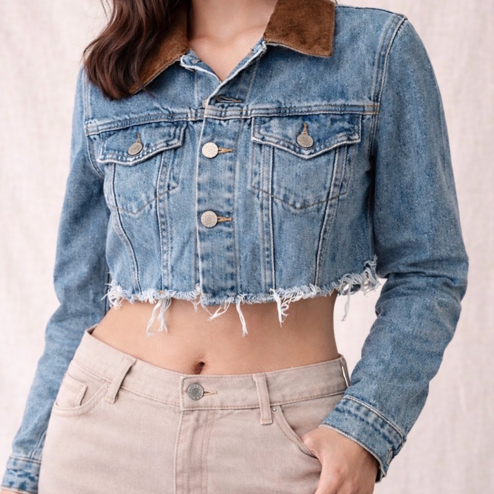 Brandy Melville Blue Denim Jacket with Brown Collar